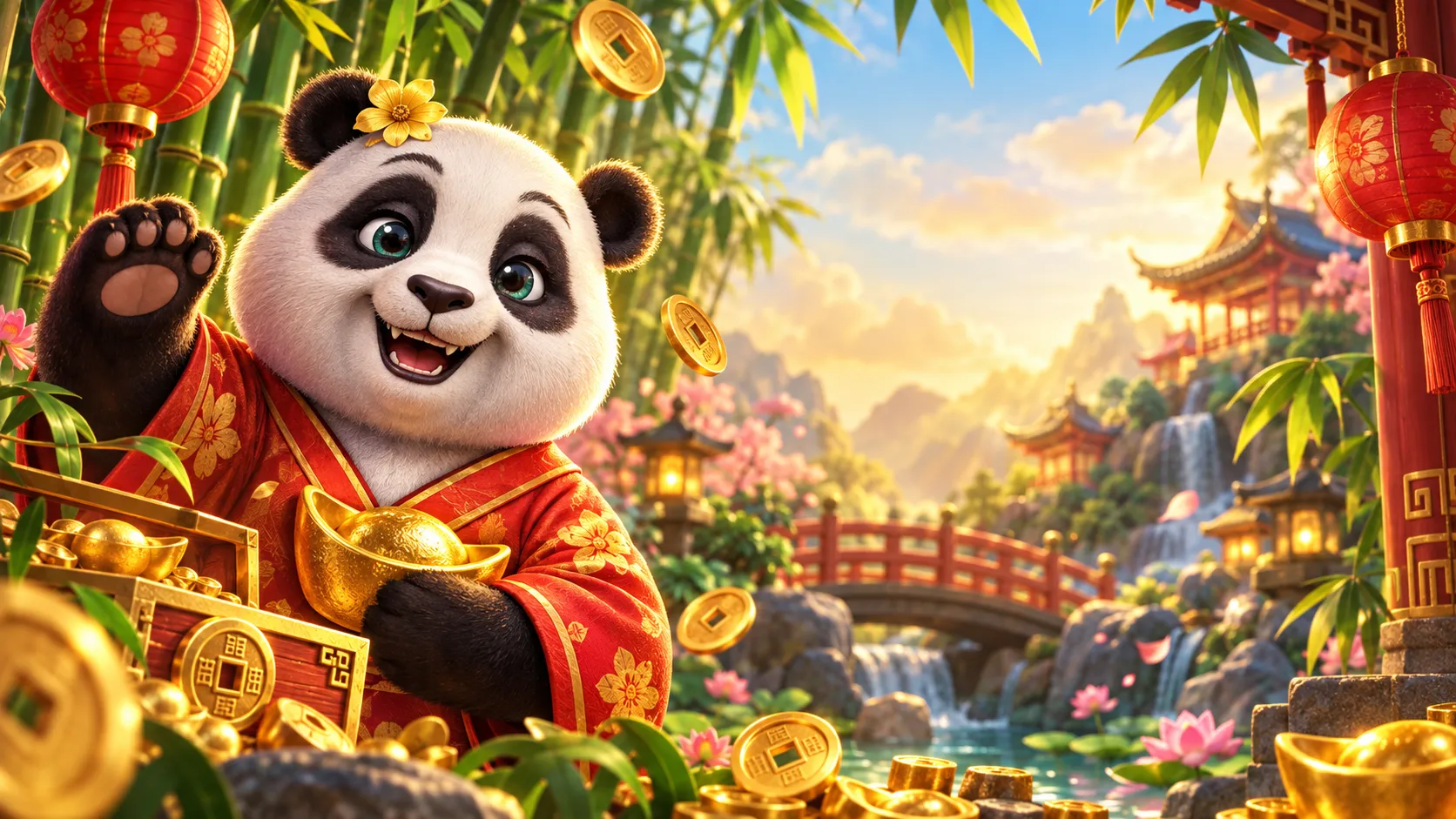 Ilustração de um panda com moedas douradas em um jardim oriental